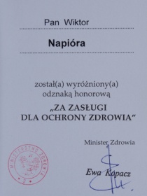 Prezes Zarządu HURTAP SA Wiktor Napióra wyróżniony odznaką honorową "ZA ZASŁUGI DLA OCHRONY ZDROWIA" (2009r.)