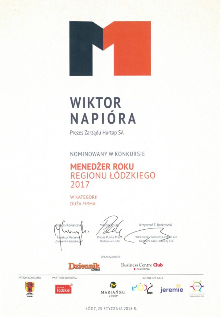 Wiktor Napióra - Prezes Zarządu HURTAP SA Menedżerem Roku 2017