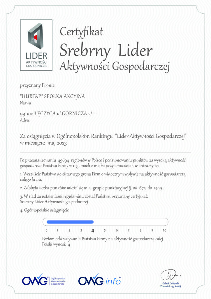 Certyfikat Srebrny Lider Aktywności Gospodarczej – maj 2023