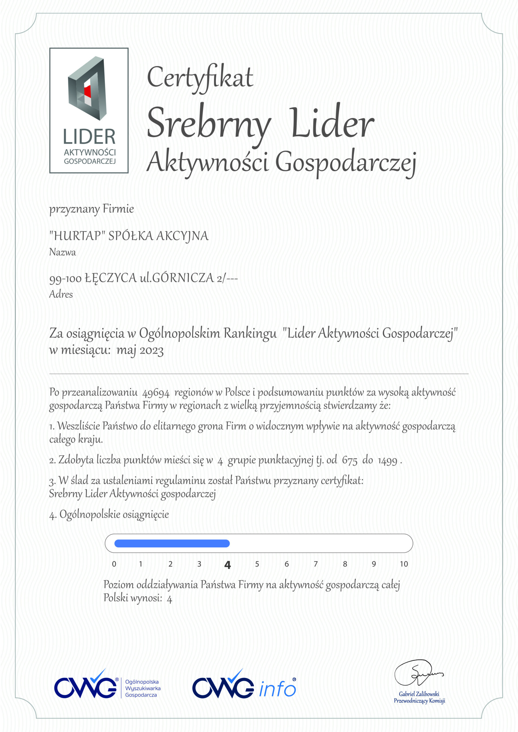 Certyfikat Srebrny Lider Aktywności Gospodarczej - maj 2023