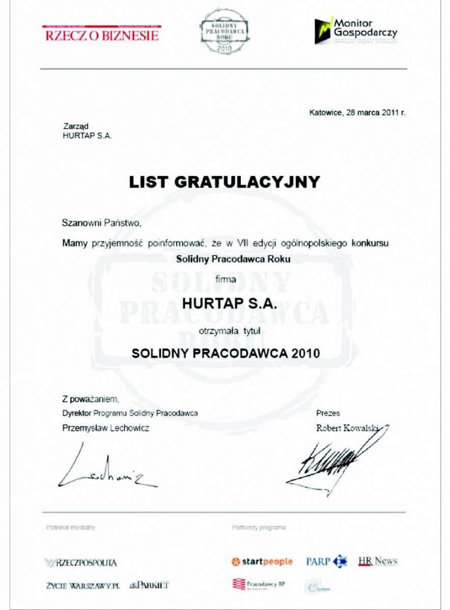 HURTAP SA Solidnym Pracodawcą 2010 (2011r.)