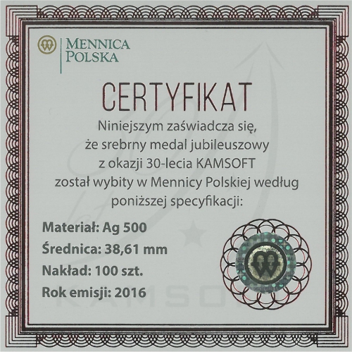 Medal 30-lecia Kamsoft certyfikat