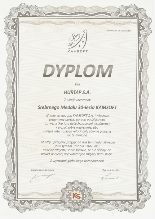 Medal 30-lecia Kamsoft dyplom