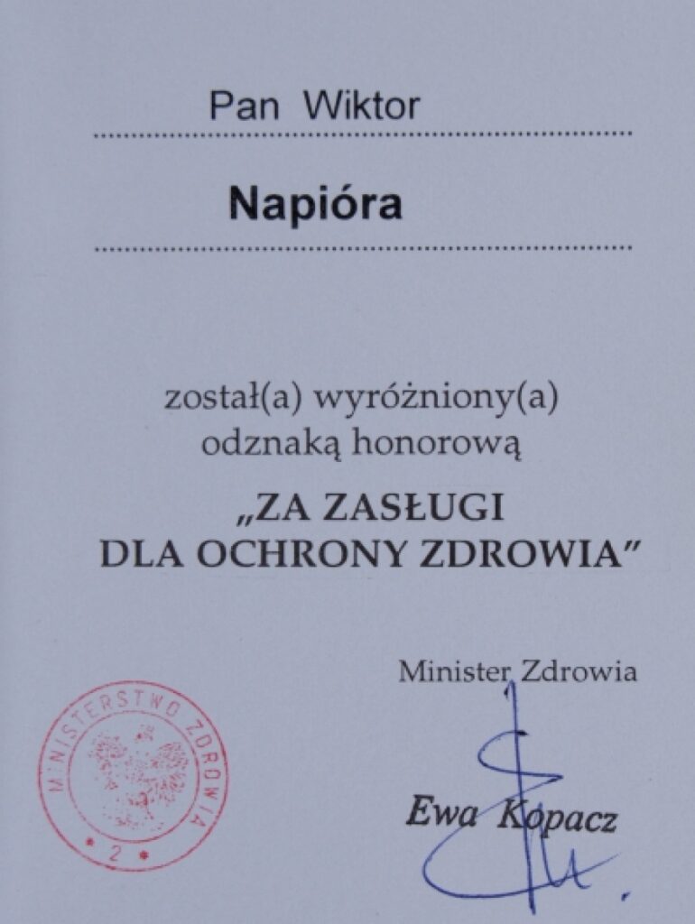 Prezes Zarządu HURTAP SA Wiktor Napióra wyróżniony odznaką honorową „ZA ZASŁUGI DLA OCHRONY ZDROWIA” (2009r.)