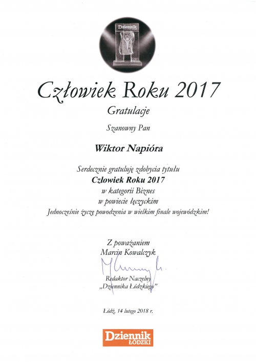 Wiktor Napióra Człowiekiem Roku 2017 powiatu łęczyckiego