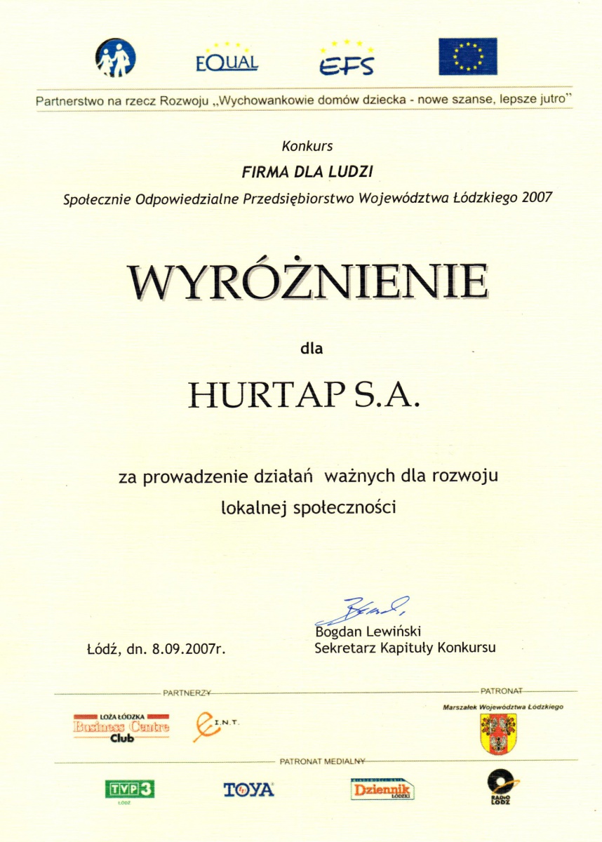 Wyróżnienie w Konkursie Firma dla Ludzi (2007)