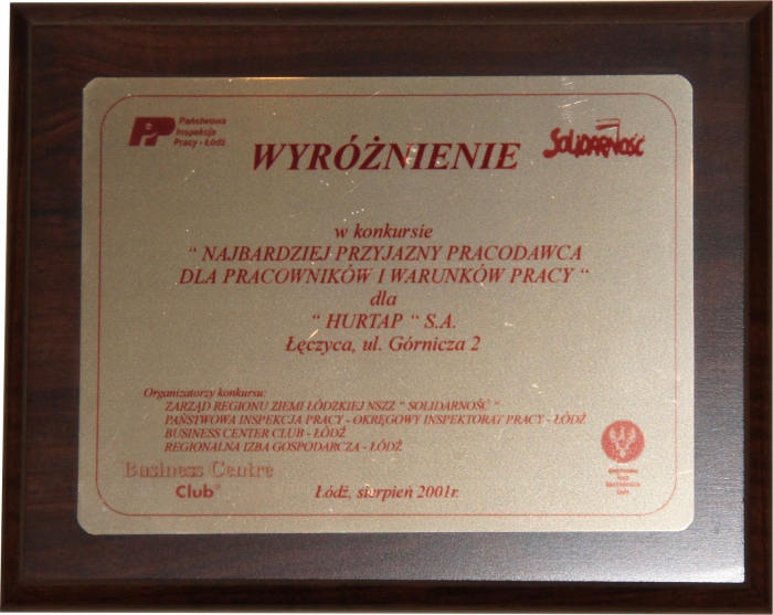 Wyróżnienie w konkursie na Najbardziej przyjaznego pracodawcę dla pracowników i warunków pracy (2001)