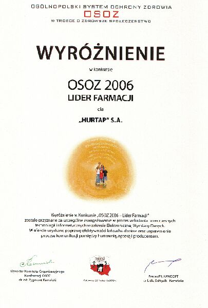 Wyróżnienie w konkursie OSOZ 2006 LIDER FARMACJI (2006)