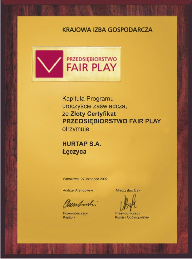 Złoty Certyfikat Fair Play (2002)