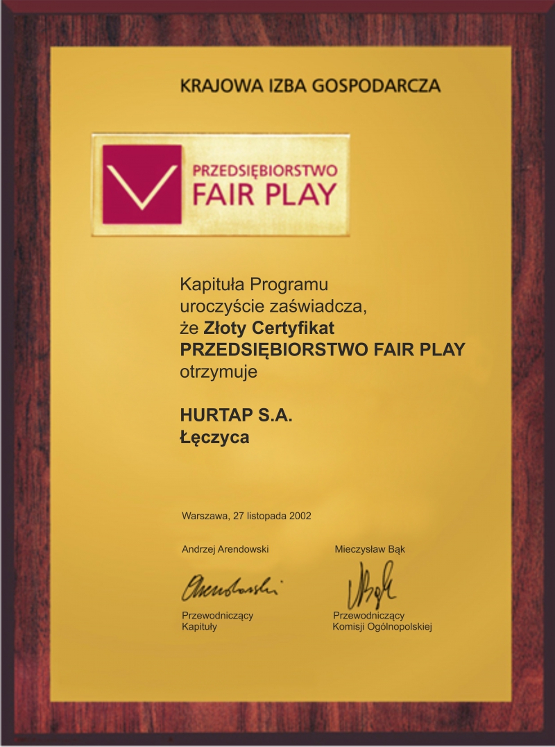 Złoty Certyfikat Fair Play (2002)